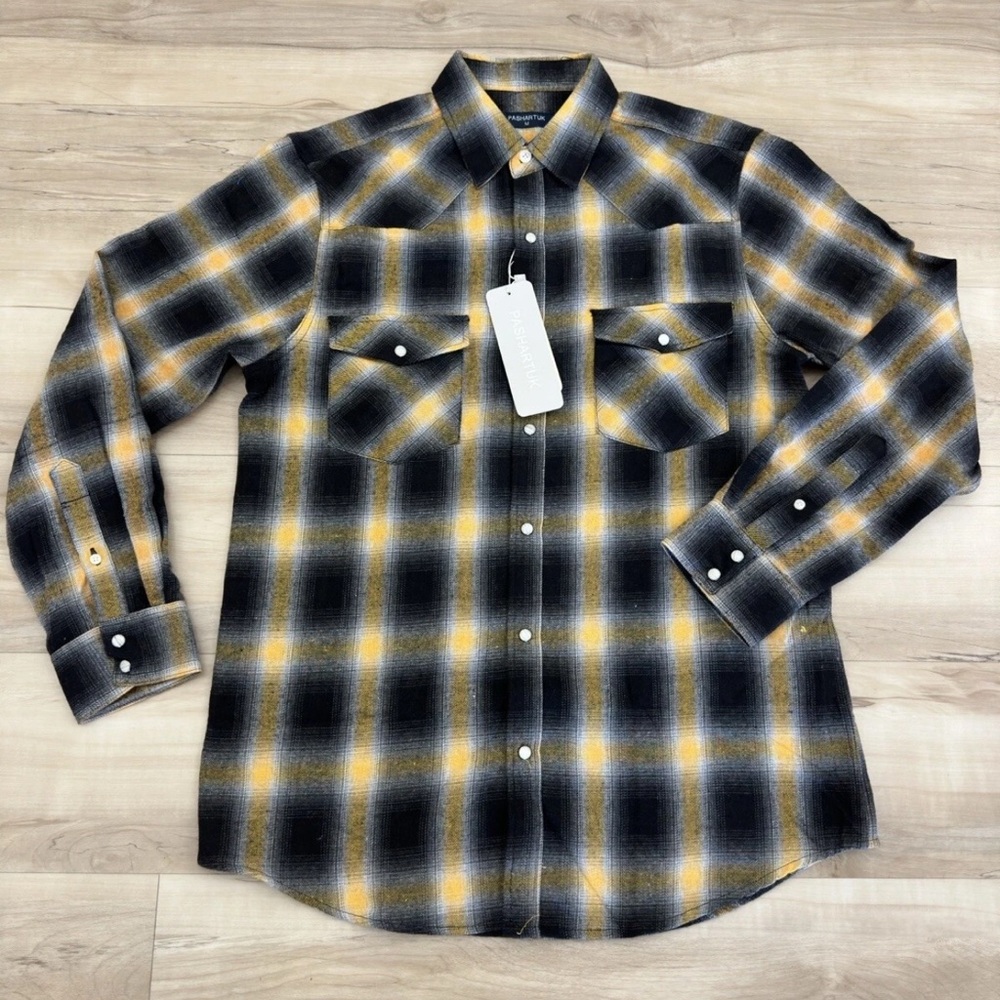 PASHARTUK NWT SZ XL Plaid Long Sleeve Flannel Shirt - Black and Yellow western